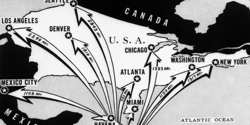 This newspaper map shows the distances from Cuba to various cities in North America